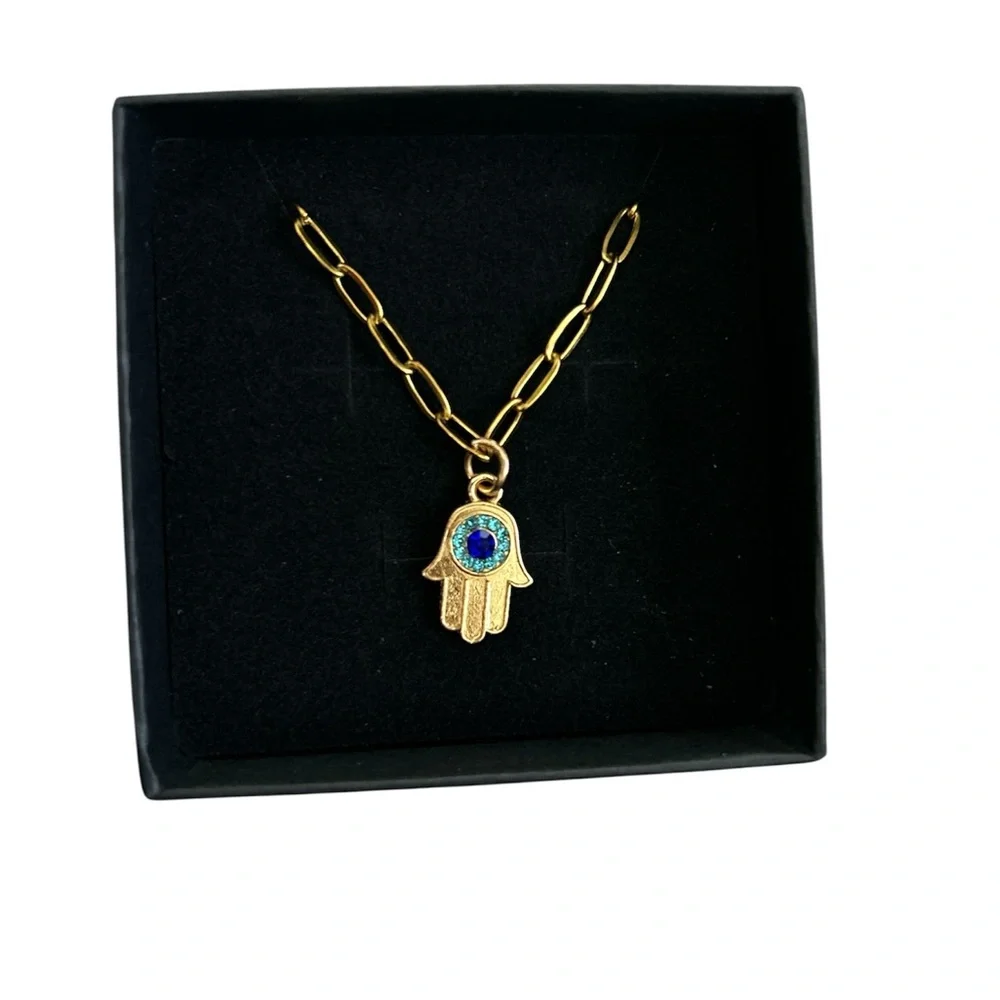 Hamsa Hand Evil Eye Gold Tone Necklace Dainty Paperclip Chain Charm Jewelry